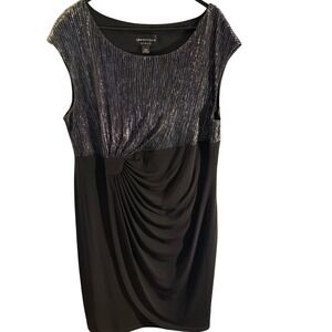 Connected Woman Metallic Silver Black Pleated Draped Sheath Dress Plus Size 18W